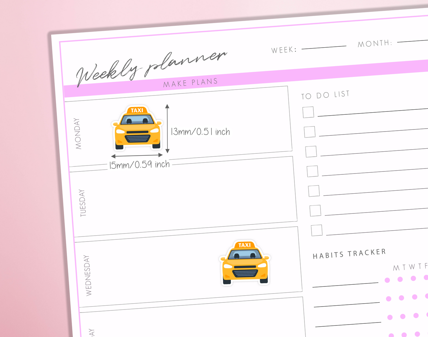 Taxi Planner Stickers Transport Ride Cab Commute Car Icons Sticker Sheet