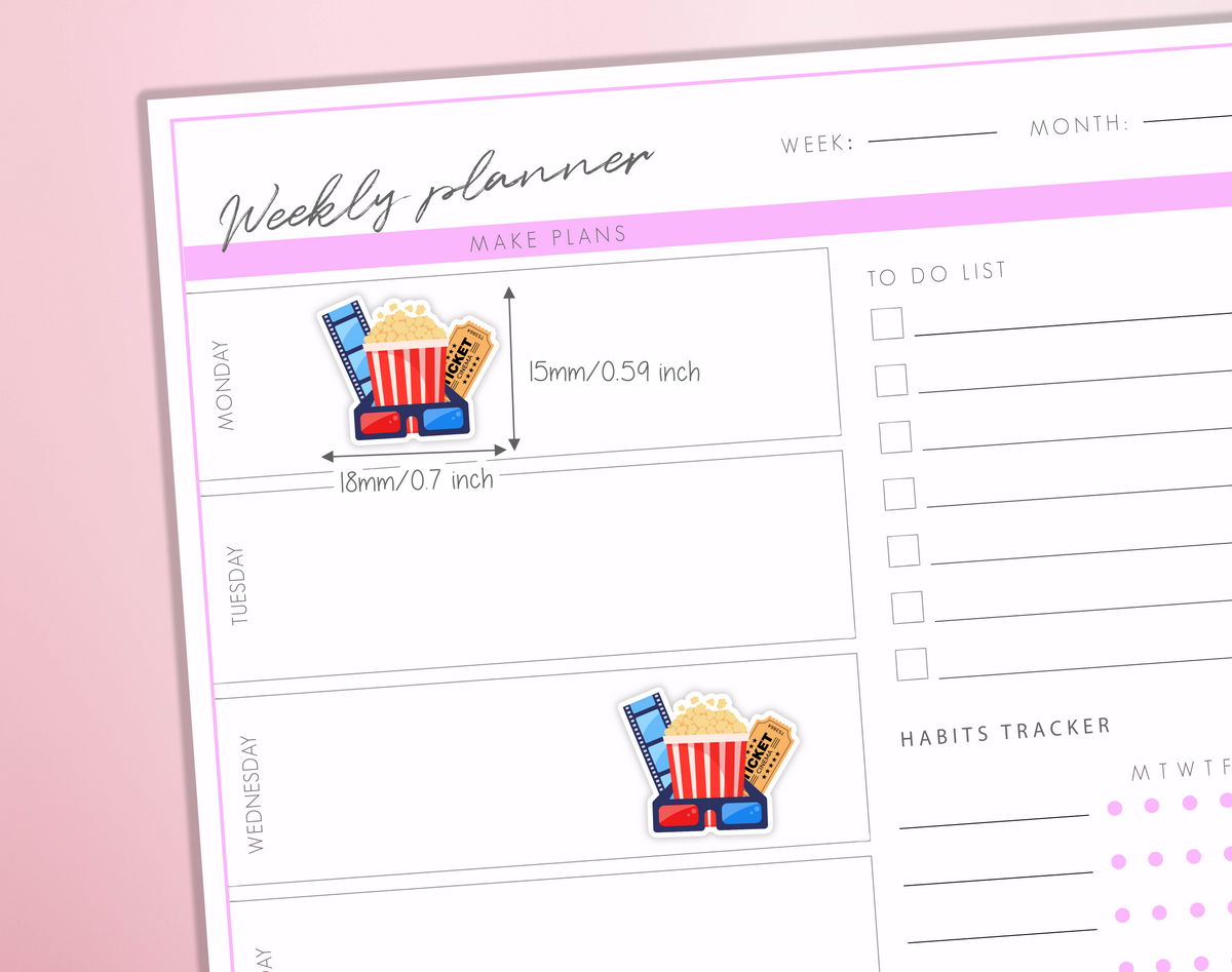 Movie Night Planner Stickers Cinema Date Icons, Film Reel & Popcorn Journal Diary Sticker Sheet