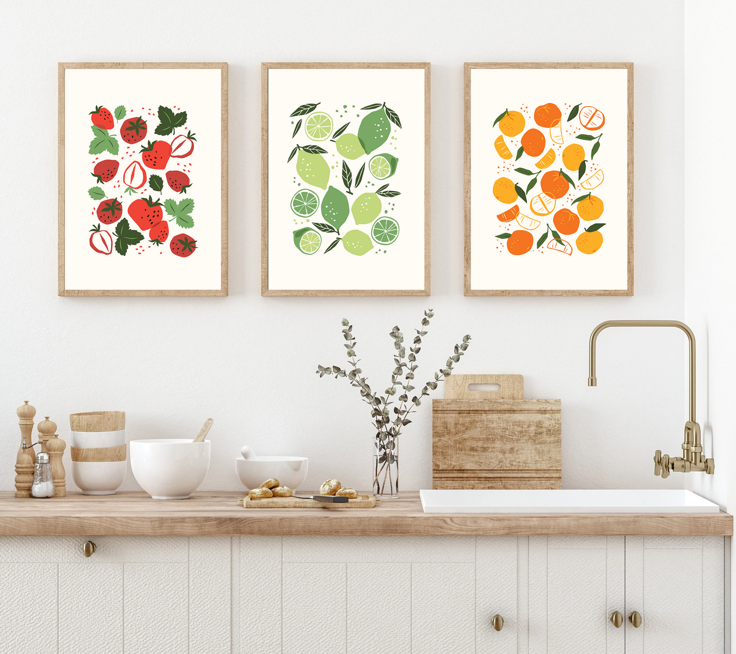 Set of 3 Minimalist Kitchen Fruit Strawberry Lime Orange Dining Room Wall Print A4 A3 Home Wall Poster Art Decoration