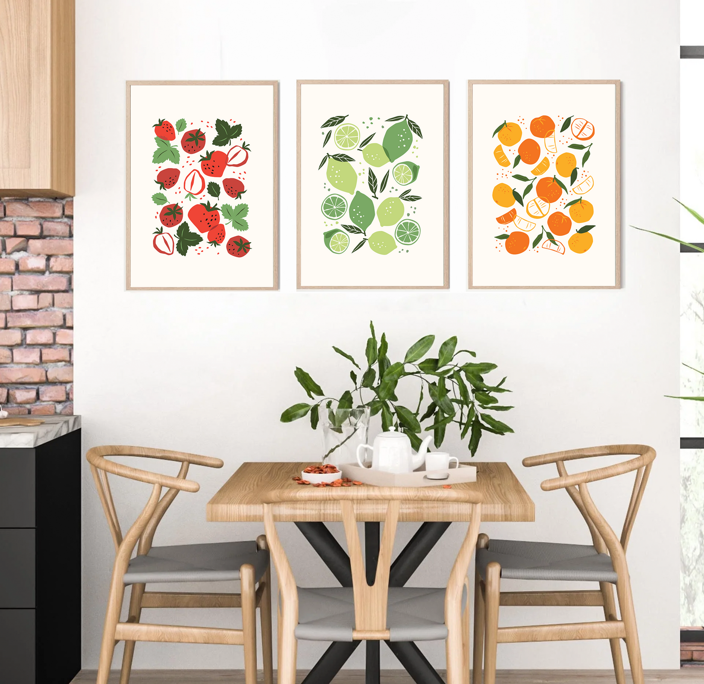 Set of 3 Minimalist Kitchen Fruit Strawberry Lime Orange Dining Room Wall Print A4 A3 Home Wall Poster Art Decoration
