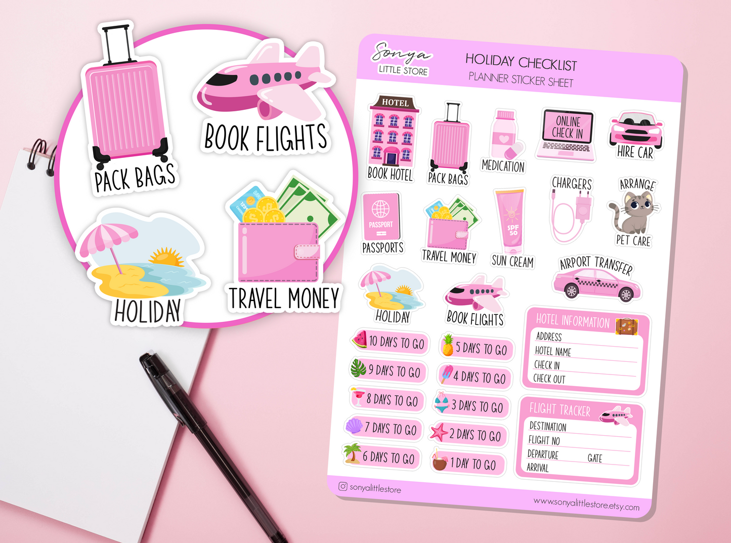 Holiday Checklist Planner Stickers | Summer Vacation Travel To Do List Flight, Passport, Pack Suitcase, Transport Journal Sticker Sheet