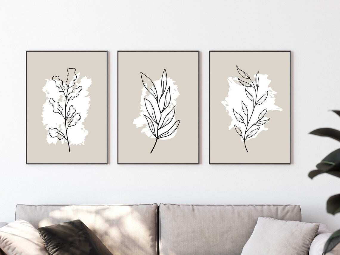 Botanical Minimalist Wall Print Set of 3 | Abstract Line Leaves Wall Art Poster | Line Art Drawing Home Decor