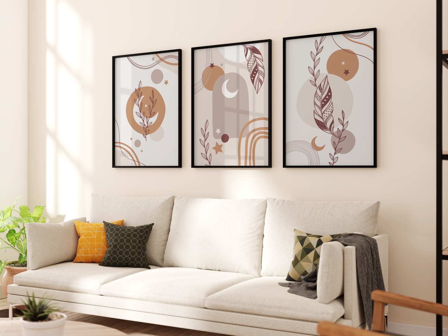 Boho Natural Tones Wall Print set of 3 | Moon Floral Abstract Poster Art | Wall Decor A4 A3 Bedroom Living Room Home Decor
