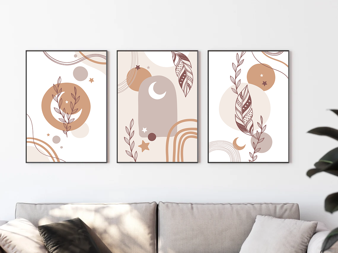 Boho Natural Tones Wall Print set of 3 | Moon Floral Abstract Poster Art | Wall Decor A4 A3 Bedroom Living Room Home Decor