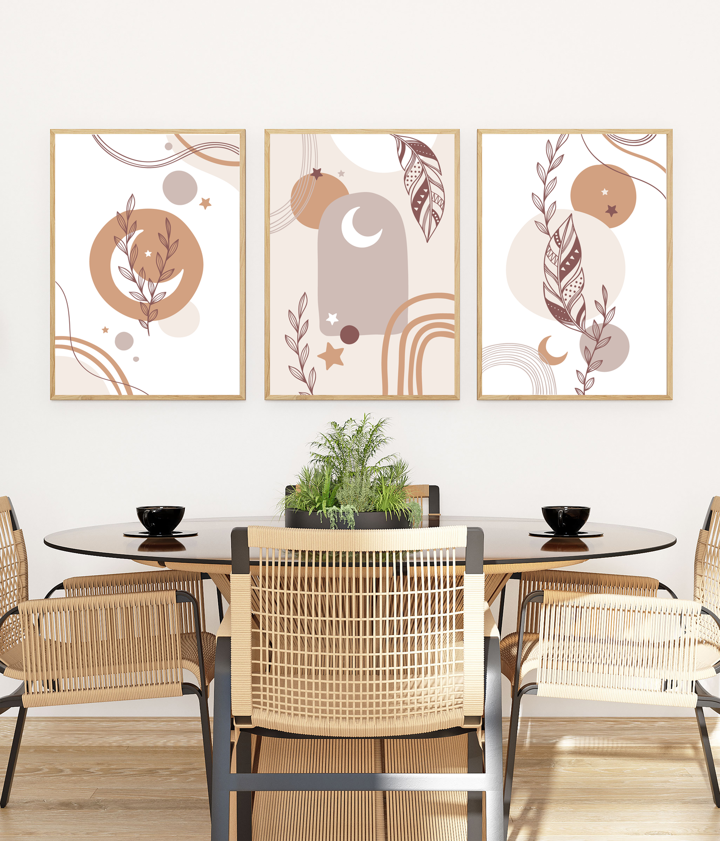 Boho Natural Tones Wall Print set of 3 | Moon Floral Abstract Poster Art | Wall Decor A4 A3 Bedroom Living Room Home Decor