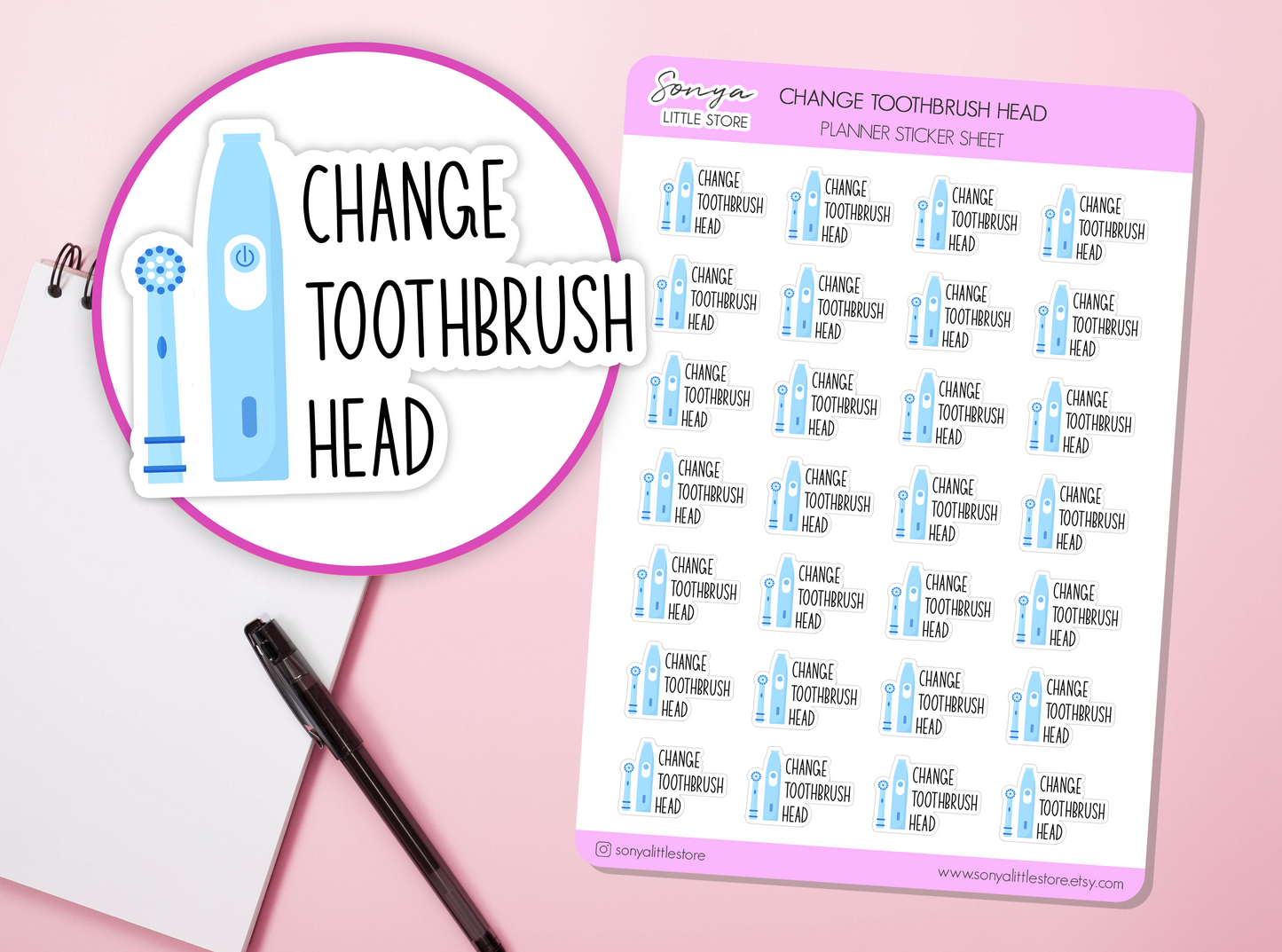 Change Toothbrush Head Planner Stickers Electric Sonic Tootbrush Teeth Dentist Dental Hygiene Self Care Bullet Journal Sticker Sheet