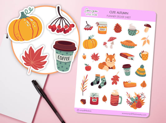 Cute Autumn Fall Planner Stickers | Autumn Leaves Pumpkin Fall Season Journal Diary Sticker Sheet