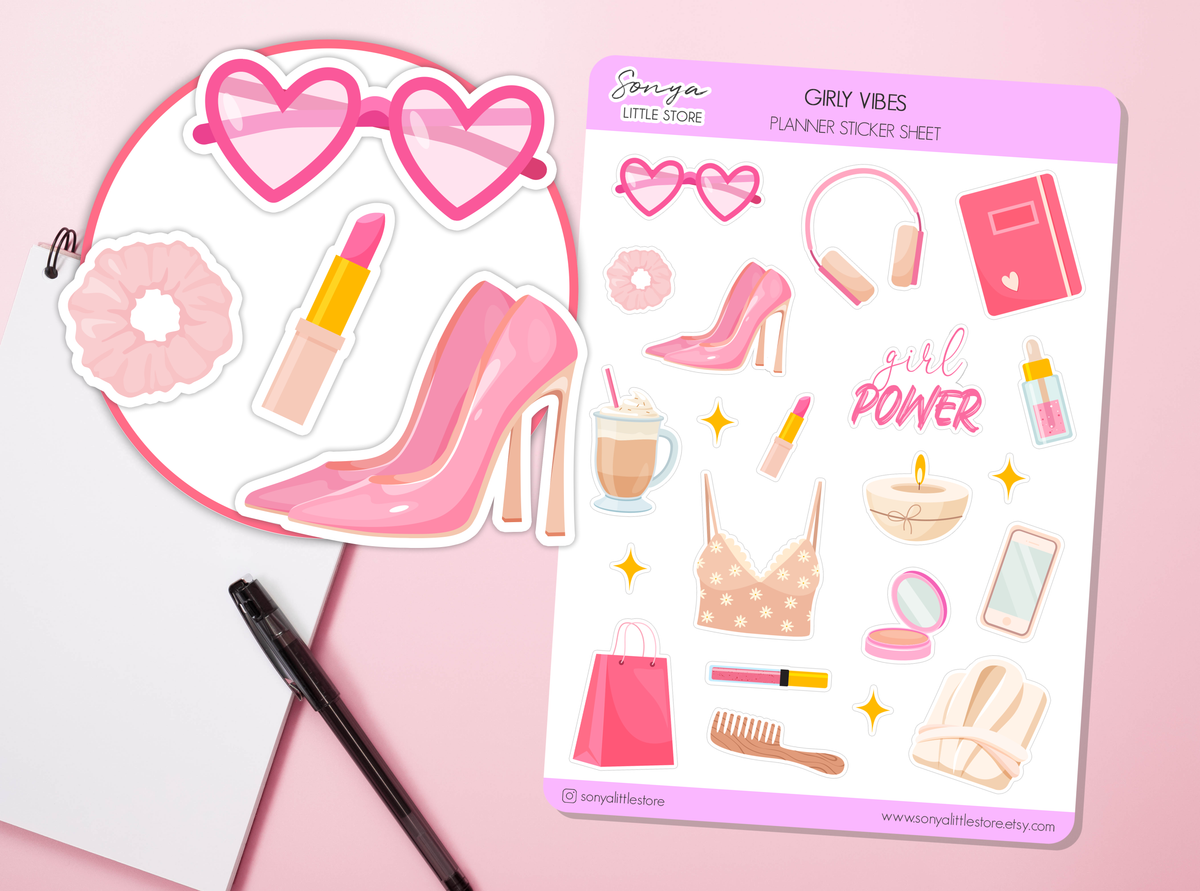 Girly Vibes Pink Planner Stickers SelfCare Make up Bullet Journal Diary Sticker Sheet