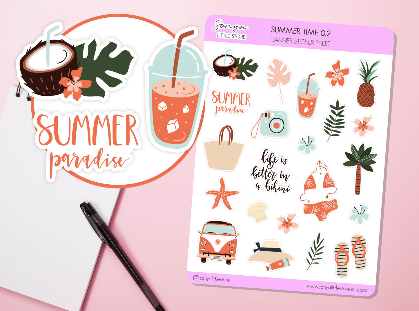 Summer Time Planner Stickers | Summer Holiday Vacation Tropical Beach Vibes Journal Diary Sticker Sheet