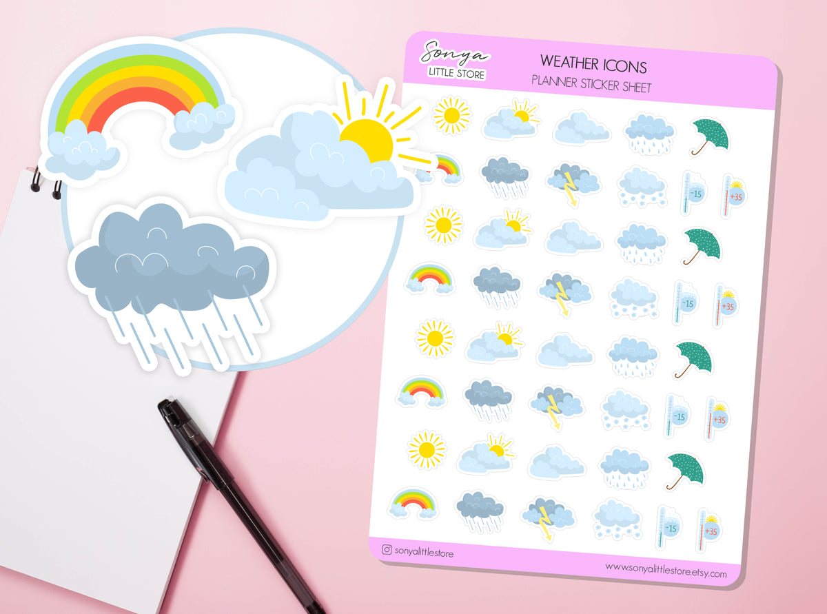 Weather Icons Planner Stickers Weather Tracker Sunny/Cloudy/Rainy Forecast Journal Diary Sticker Sheet