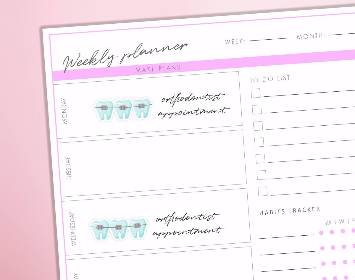 Braces Orthodontist Planner Stickers Dentist Appointment Teeth Aligners Dental Care Bullet Jounral Sticker Sheet