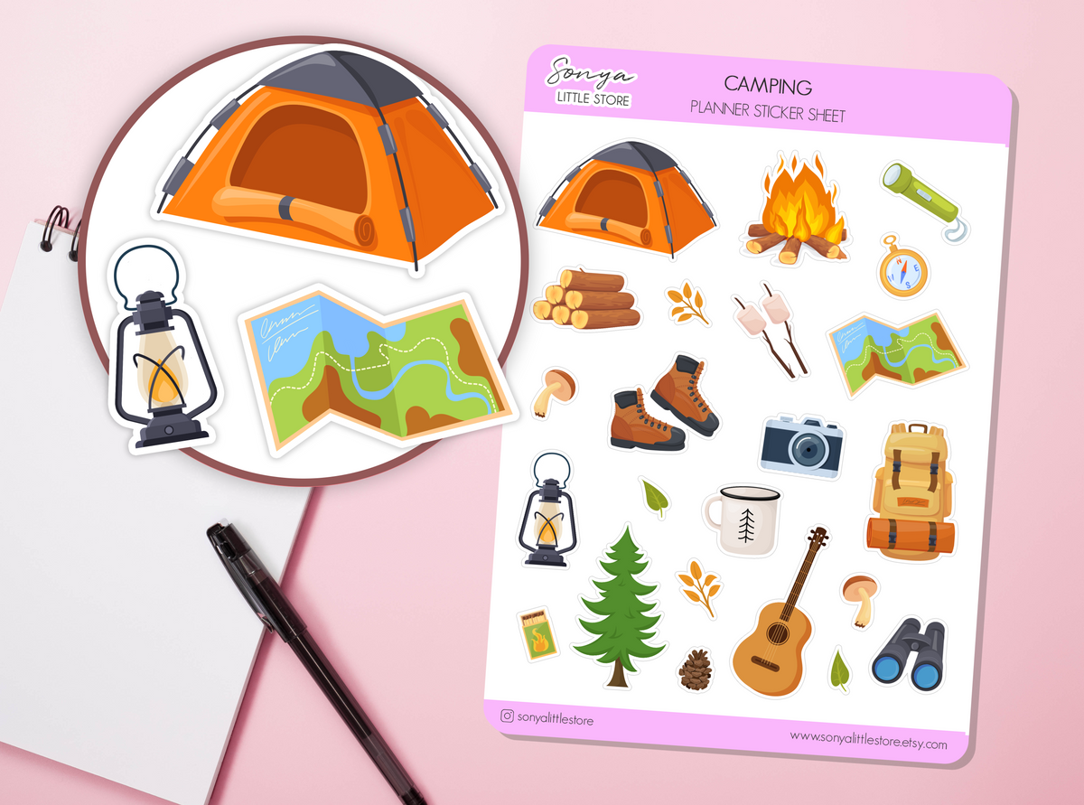 Camping Planner Stickers Outdoor Adventure, Hiking, Campfire, Tent, Fire, Forest Nature Icons Bullet Journal Sticker Sheet
