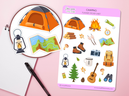Camping Planner Stickers Outdoor Adventure, Hiking, Campfire, Tent, Fire, Forest Nature Icons Bullet Journal Sticker Sheet