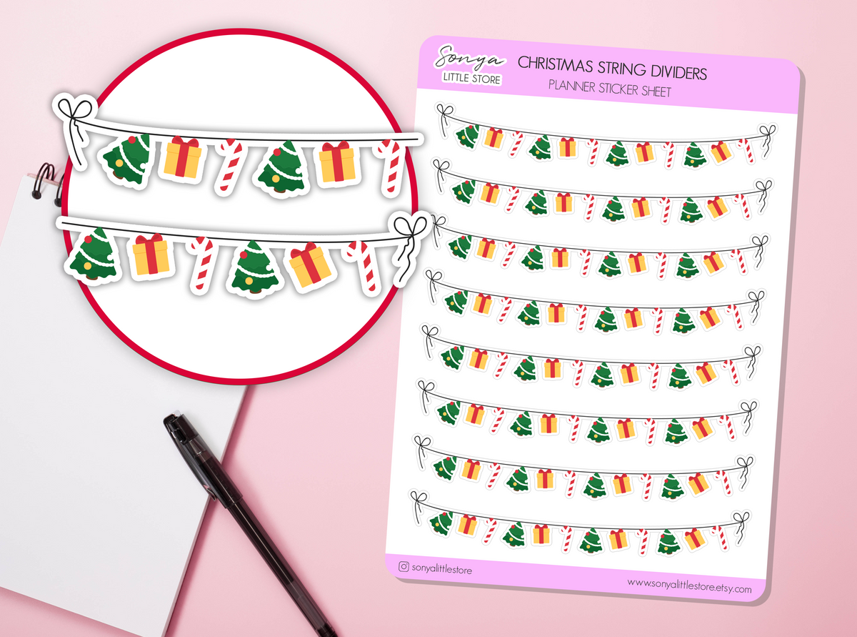 Christmas String Garland Dividers Planner Stickers Festive Candy Cane, Presents Journal Diary Borders Decorative Sticker Sheet