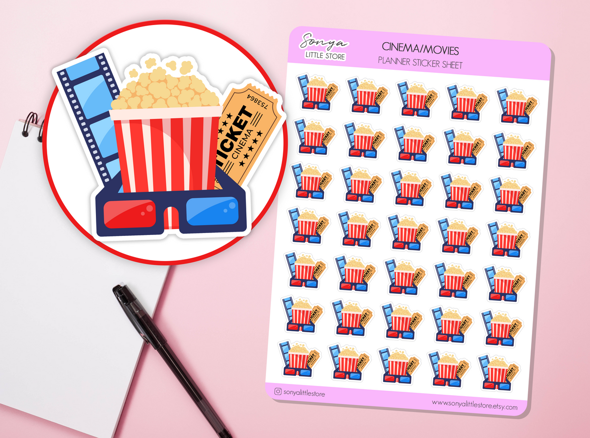 Movie Night Planner Stickers Cinema Date Icons, Film Reel & Popcorn Journal Diary Sticker Sheet