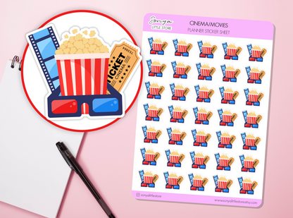 Movie Night Planner Stickers Cinema Date Icons, Film Reel & Popcorn Journal Diary Sticker Sheet