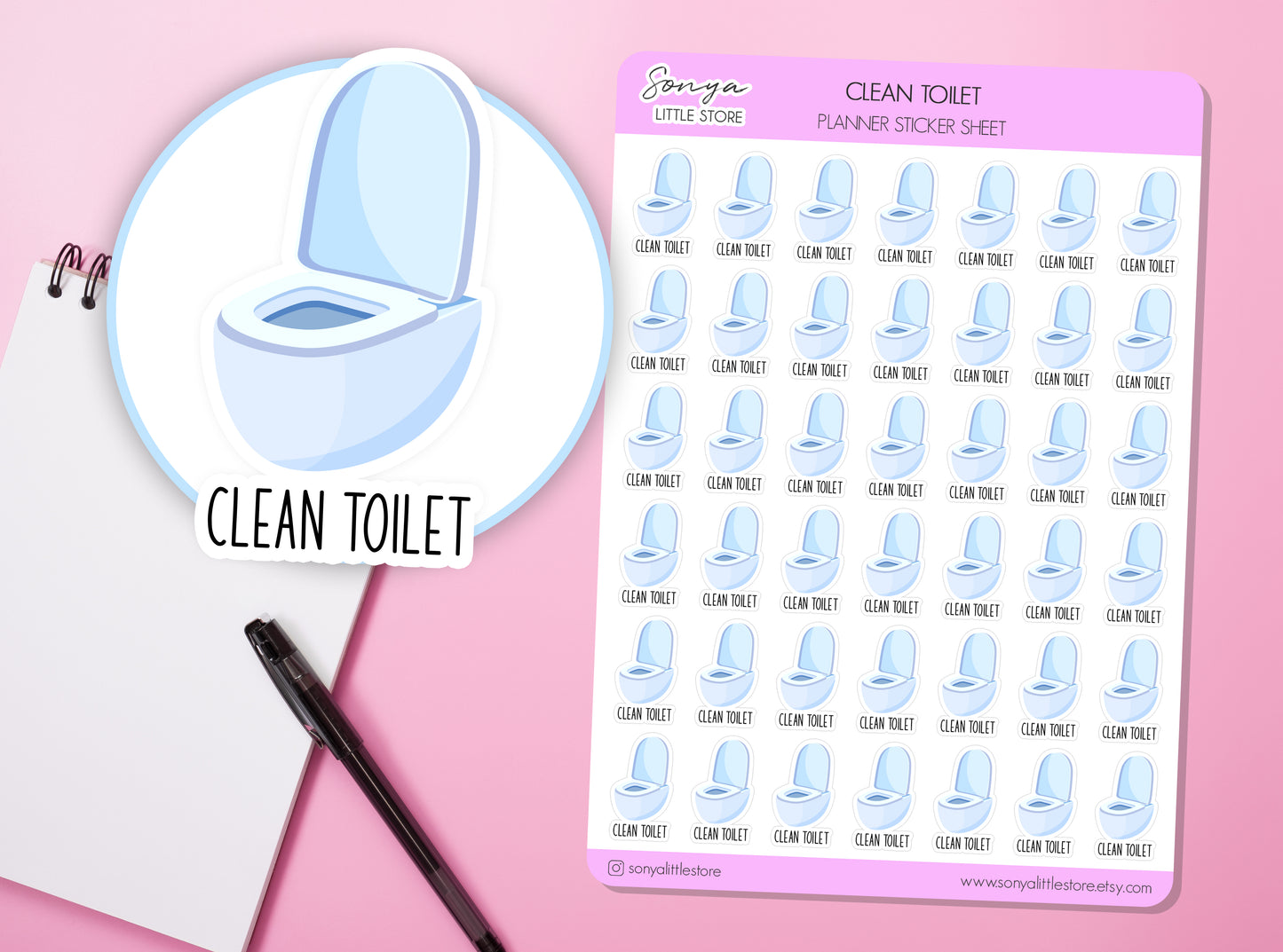 Clean Toilet Planner Stickers | Chores Functional Stickers | Clean Bathroom Planner | Cleaning Bullet Journal Diary Sticker Sheet