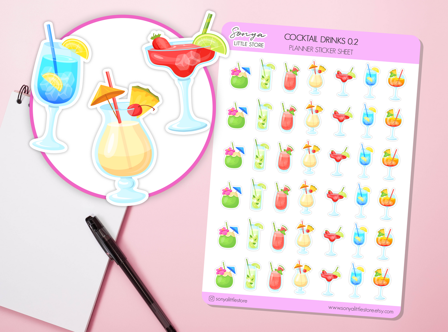 Cocktail Drinks Planner Stickers | Summer Holiday Cocktail Drinks Alcohol Journal Diary Sticker Sheet