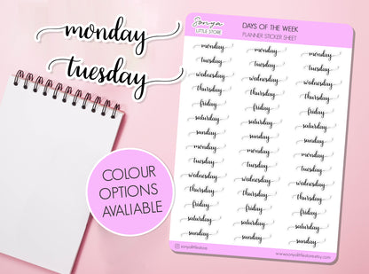 Days of the Week Planner Stickers Script Weekly Dates Functional Journal Diary Sticker Sheet