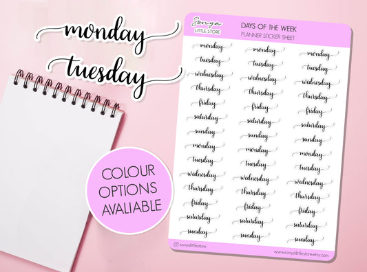 Days of the Week Planner Stickers Script Weekly Dates Functional Journal Diary Sticker Sheet