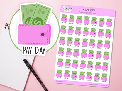 Pay Day USD Planner Stickers | Pay Check Dollars Diary Journal Labels | Money Wallet Wage Scrapbook Sticker Sheet