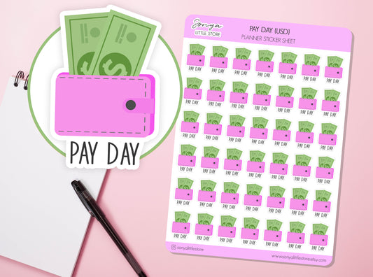 Pay Day USD Planner Stickers | Pay Check Dollars Diary Journal Labels | Money Wallet Wage Scrapbook Sticker Sheet