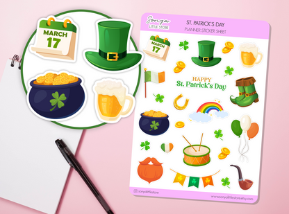 St.Patrick's Day Planner Stickers Celebration Green, Ireland, Shamrock, Lucky Clover, Rainbow, Pot of Gold Bullet Journal Sticker Sheet