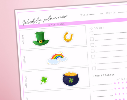 St.Patrick's Day Planner Stickers Celebration Green, Ireland, Shamrock, Lucky Clover, Rainbow, Pot of Gold Bullet Journal Sticker Sheet