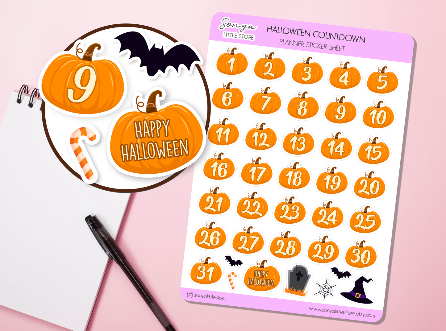 Halloween Pumpkin Countdown Planner Stickers 31 Days Countdown Stickers