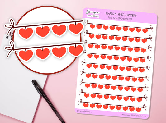 Hearts Dividers Planner Stickers | Valentine's day Borders Garlands String Rope Journal Diary Sticker Sheet