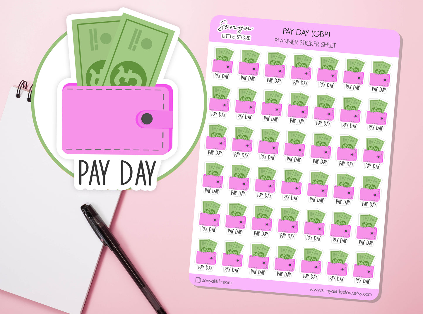 Pay Day GBP Planner Stickers | Pay Day Pounds Diary Money Wallet Bullet Journal Sticker Sheet