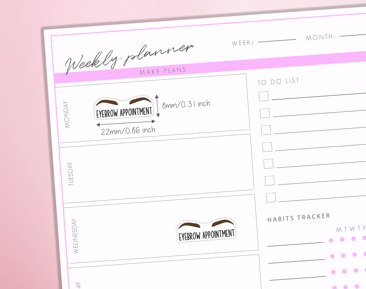 Eyebrow Appointment Planner Stickers | Brow Wax & Tint Reminder Selfcare Beauty Treatment Diary Journal Sticker Sheet