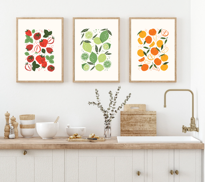 Set of 3 Minimalist Kitchen Fruit Strawberry Lime Orange Dining Room Wall Print  A4 A3 Home Wall Poster Art Decoration