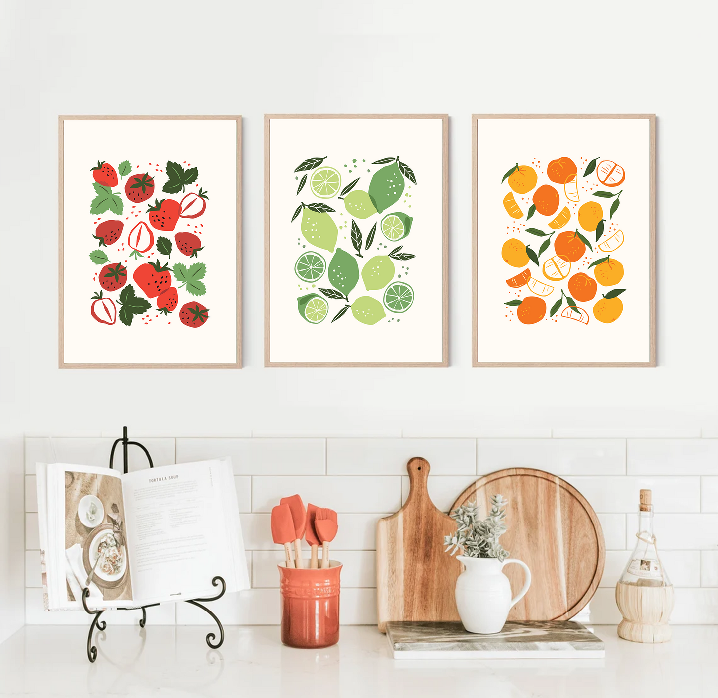 Set of 3 Minimalist Kitchen Fruit Strawberry Lime Orange Dining Room Wall Print  A4 A3 Home Wall Poster Art Decoration