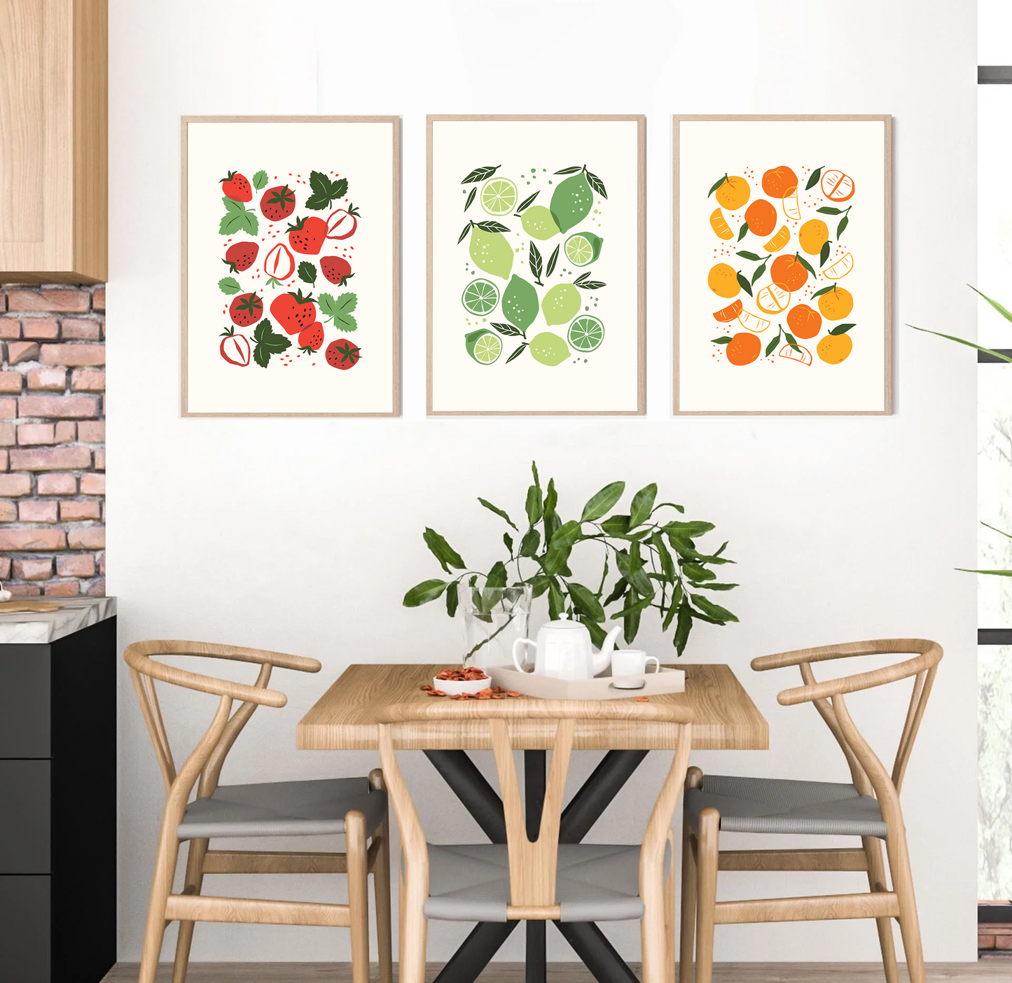 Set of 3 Minimalist Kitchen Fruit Strawberry Lime Orange Dining Room Wall Print  A4 A3 Home Wall Poster Art Decoration