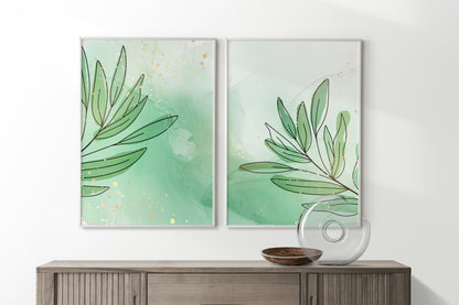 Green Leaves Marble Wall Print Set of 2 | Green Tropical Palm Leaf Minimalist Marble Poster | Bedroom Home Decoration