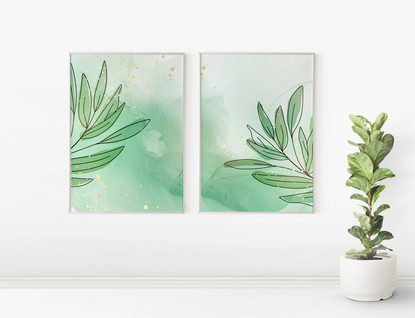 Green Leaves Marble Wall Print Set of 2 | Green Tropical Palm Leaf Minimalist Marble Poster | Bedroom Home Decoration