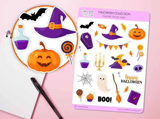 Halloween Collection Planner Stickers Pumpkin Ghost Spiderweb Witch Hat Autumn Spooky Season Trick or Treat Bullet Journal Sticker Sheet