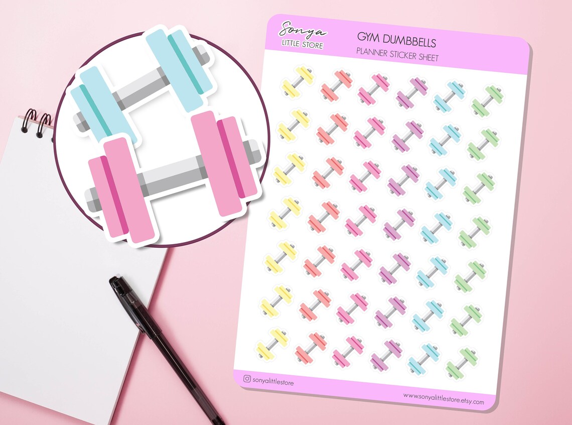 Cute Gym Dumbbells Planner Stickers | Workout Training Bullet Journal Diary Sticker Sheet