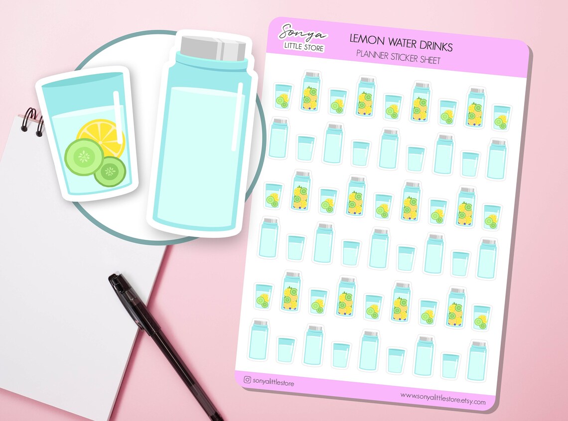 Lemon and Still Water Drink Reminder Planner Stickers | Drink Water Tracker Diary Stickers