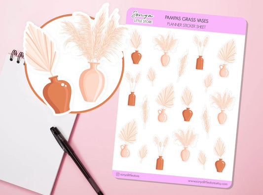 Pampas Grass Vases Planner Stickers Decor Vases Flowers Journal Diary Sticker Sheet