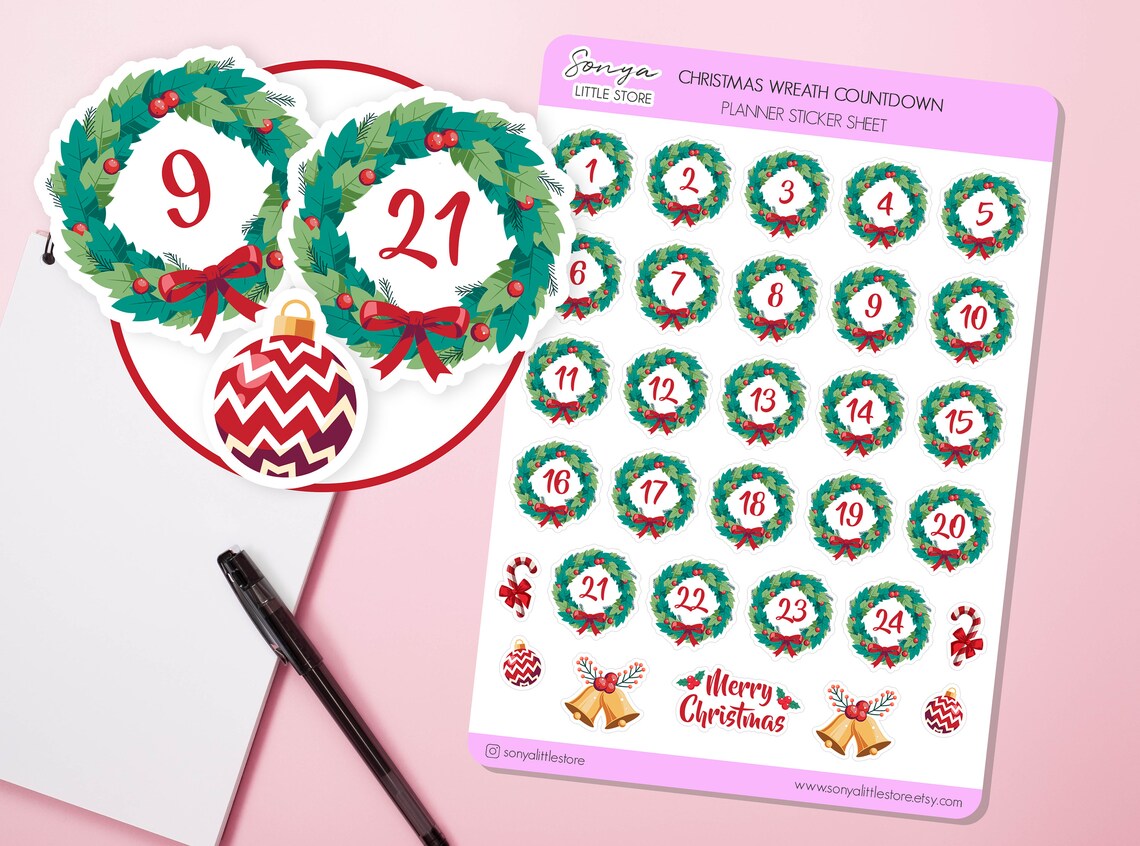 Christmas Wreath Countdown Planner Stickers Christmas Days Journal Diary Sticker Sheet