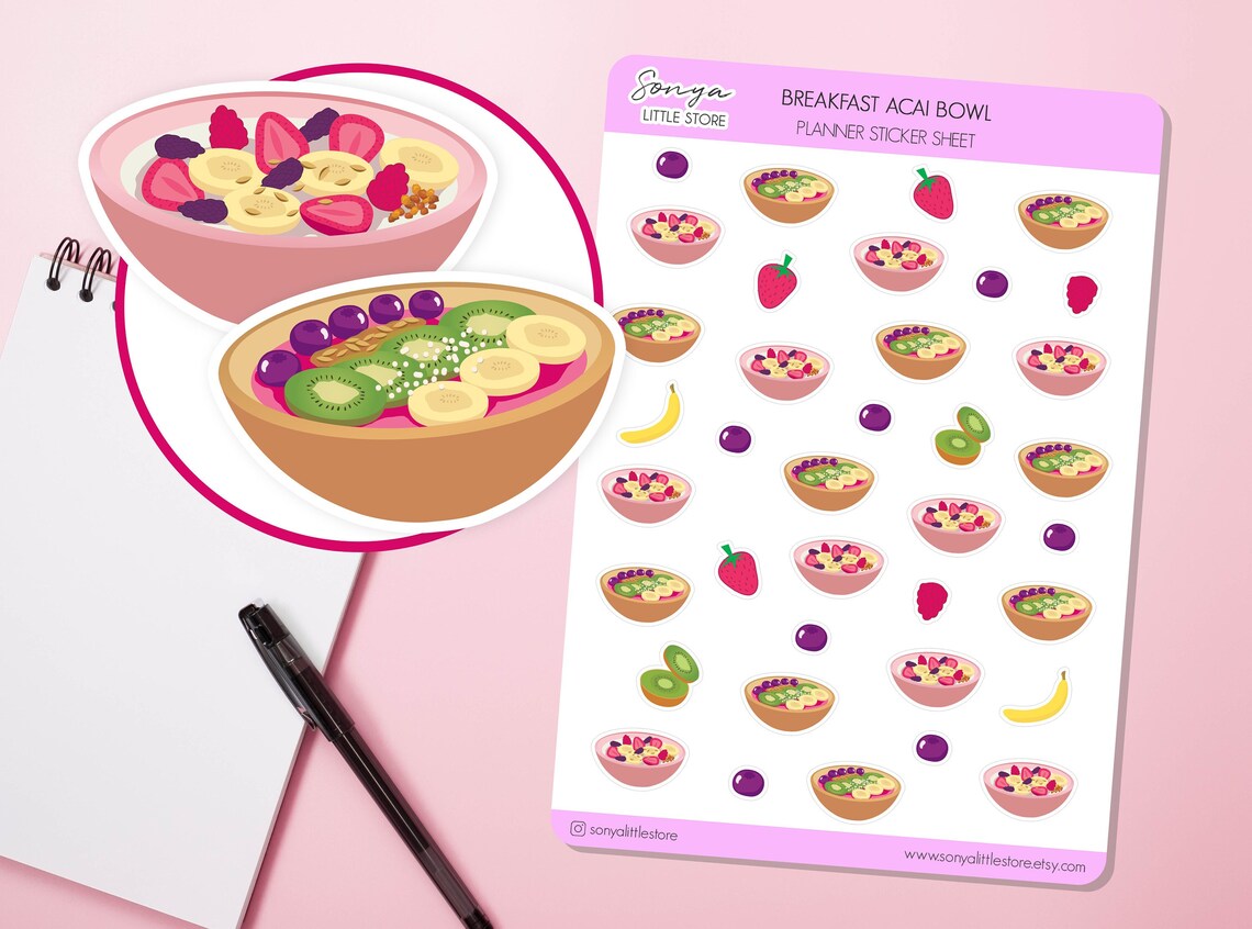 Breakfast Acai Bowl Planner Stickers Breakfast Smoothie Bowl Journal Diary Stickers