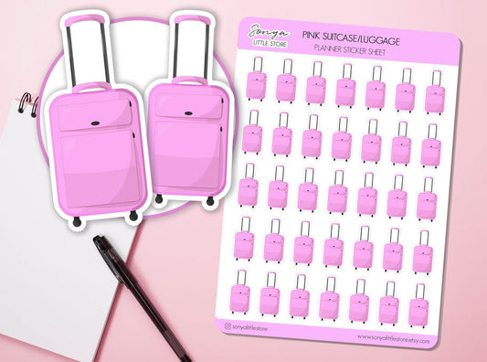 Suitcase Luggage Holiday Planner Stickers | Pink Suitcase Journal Diary Sticker Sheet