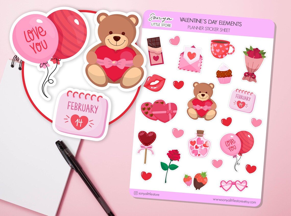 Valentine's Day Planner Stickers | Love Valentine Elements Pack Journal Diary Stickers