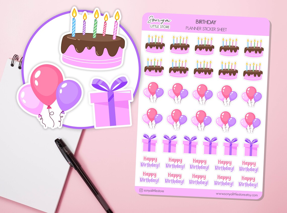 Birthday Planner Stickers | Birthday Cake, Balloons, Gift | Birthday Reminder Journal Diary Sticker Sheet