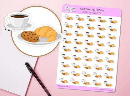 Croissant and Coffee Breakfast Planner Stickers | Sweet Breakfast Meal Journal Diary Sticker Sheet