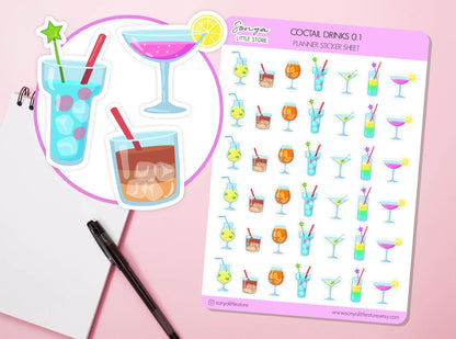 Cocktail Drinks Planner Stickers | Summer Cocktail Drinks Stickers | Alcohol Cocktail Drinks Journal Diary Sticker Sheet