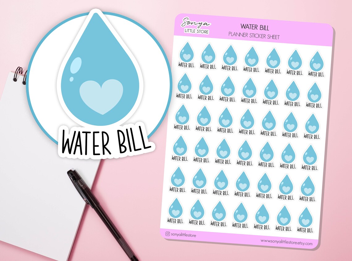 Water Bill Planner Stickers | Reminder Stickers Pay Waterbill Due Bullet Journal Diary Sticker Sheet