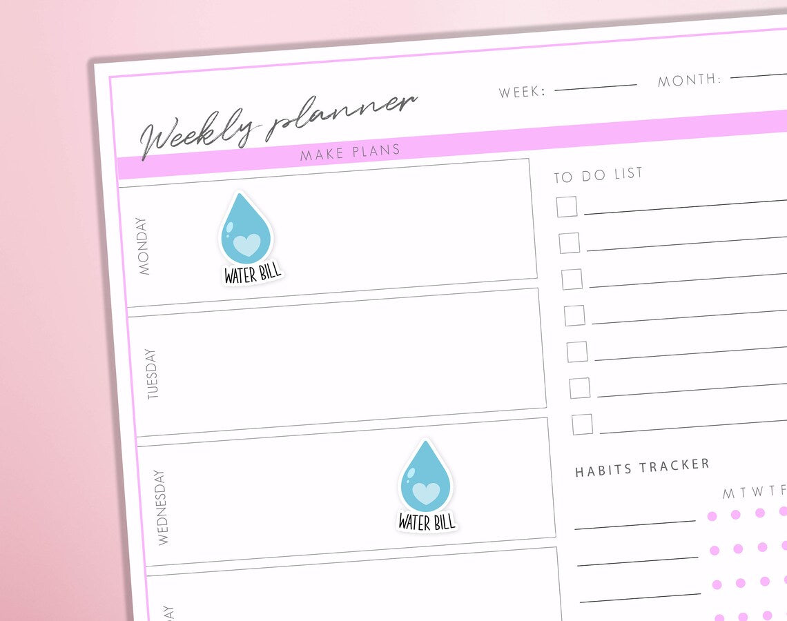 Water Bill Planner Stickers | Reminder Stickers Pay Waterbill Due Bullet Journal Diary Sticker Sheet